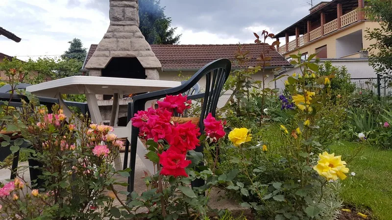 Cvjetno dvorište sa stolom i zidanim roštiljem